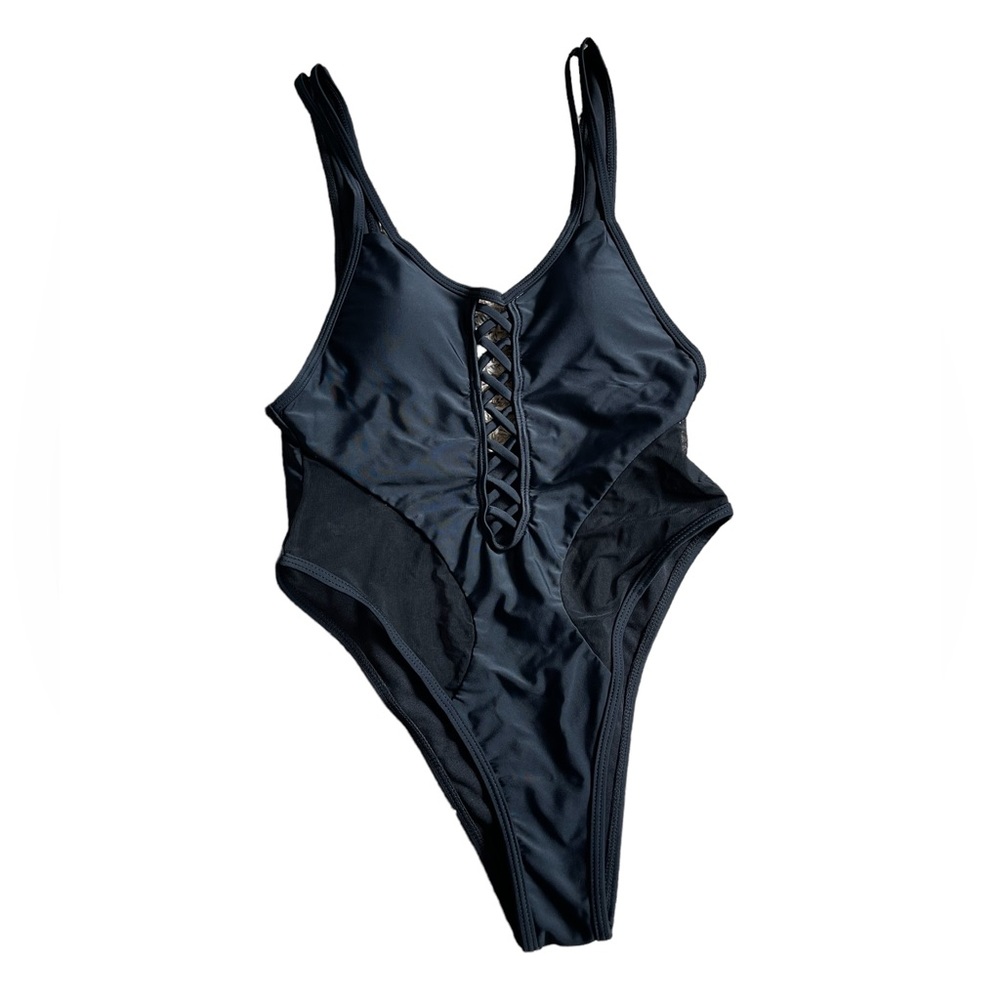 Yira by Fashion Nova Black One-Piece Swimsuit Lace Up Mesh Women Size M - EUC
